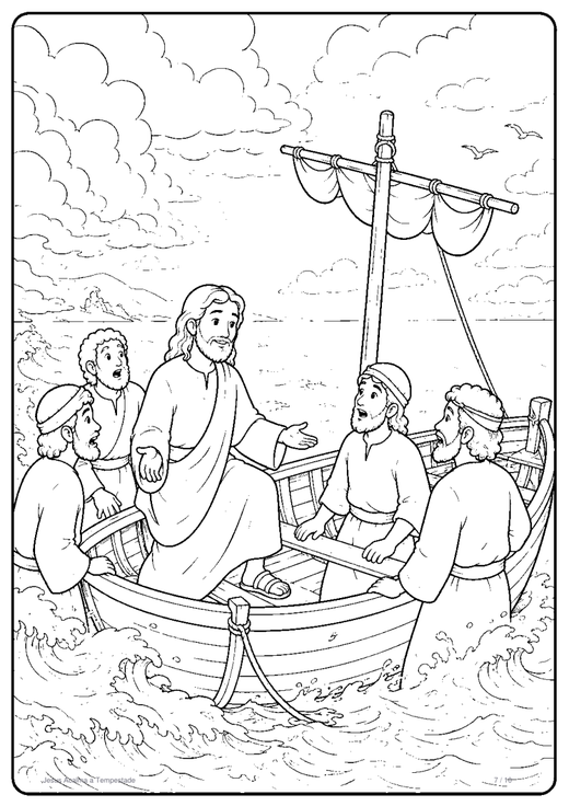 Desenho de Jesus acalmando a tempestade para colorir